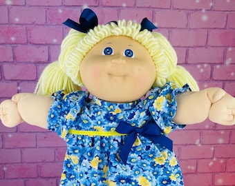 Vintage 1984 Cabbage Patch Kid Doll: Blonde Ponytails, Blue Floral Dress Girl
