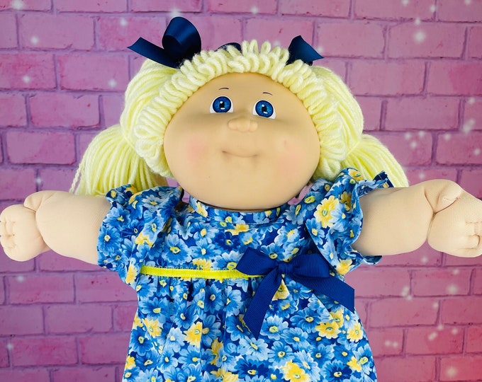 Vintage 1984 Cabbage Patch Kid Doll: Blonde Ponytails, Blue Floral Dress Girl
