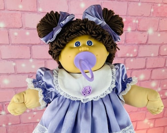 Vintage 1983 Cabbage Patch Kids Doll, Brown Hair, Blue Eyes, Lavender Dress