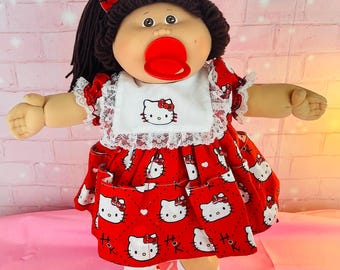 Cabbage Patch Kids 1985 Vintage Doll, P Factory, brown hair eyes, pacifier, girl, single pony, hello Kitty dress READ DESCRIPTION below