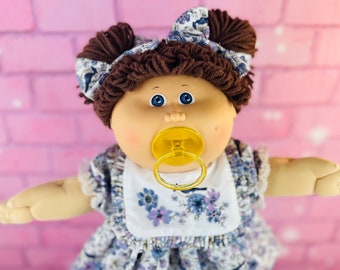 Vintage 1985 Cabbage Patch Kids, Pacifier Girl, Brown hair, Blue Dress