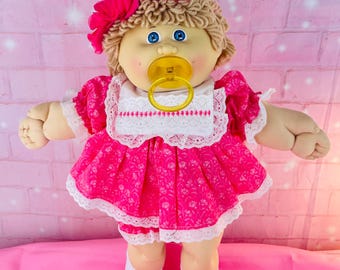 Cabbage Patch Kid Doll: Beige loop Hair, Pacifier Girl,  IC1 Factory 1985, blue eyes, pink print dress, gift for little girls
