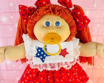 Rare 1985 Freckled Redhead Cabbage Patch Kid Doll: Patriotic Dress, Pacifier