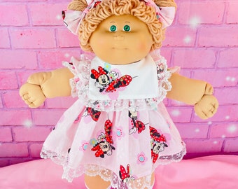 Vintage 1984 Cabbage Patch Kid Doll: Green Eyes, Minnie Mouse Dress, long loop hair