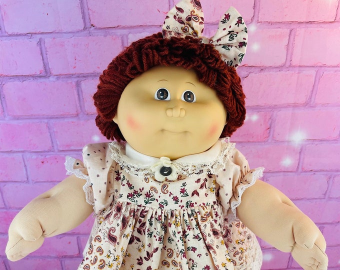 Vintage 1984 Cabbage Patch Kid Doll: Auburn Hair, Floral Dress (OK Factory)