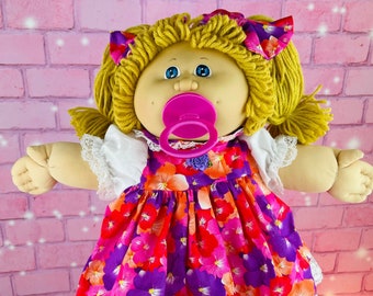 Vintage 1983 Cabbage Patch Kid Doll: Blonde Ponytails, Floral Dress, Pacifier