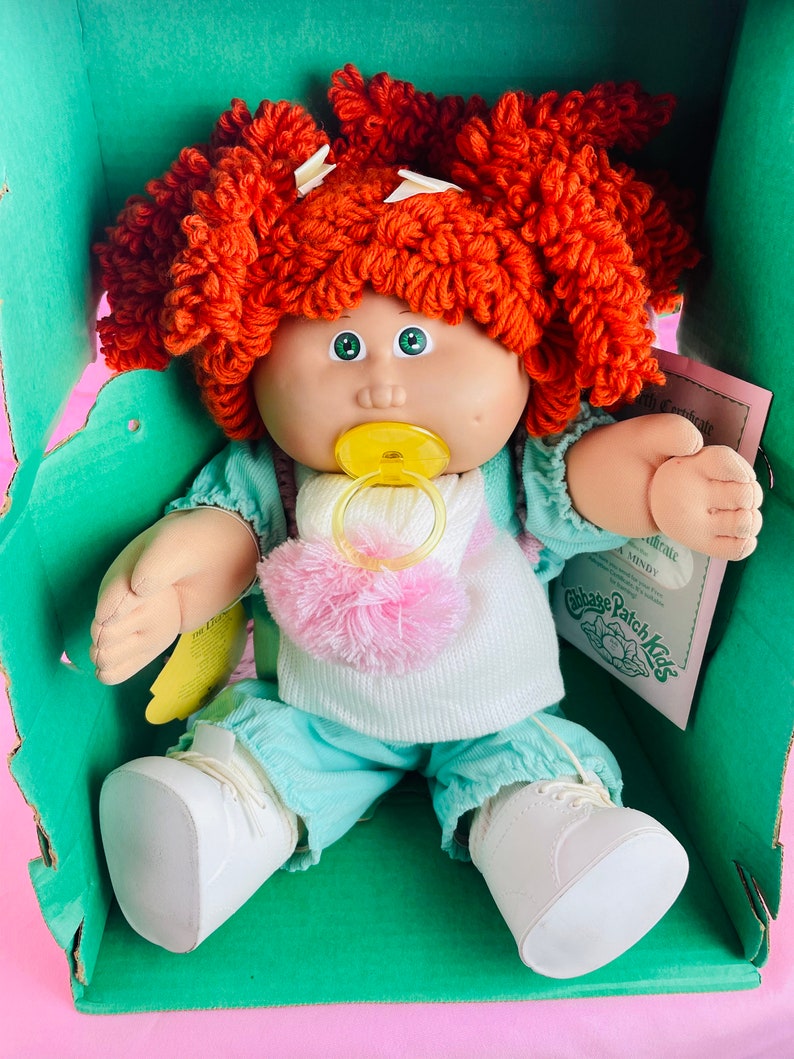 RARE Vintage cabbage patch kid Tara Mindy birth certificate popcorn, Irish redhead girl pacifier in box 1986 collector doll HTF image 4