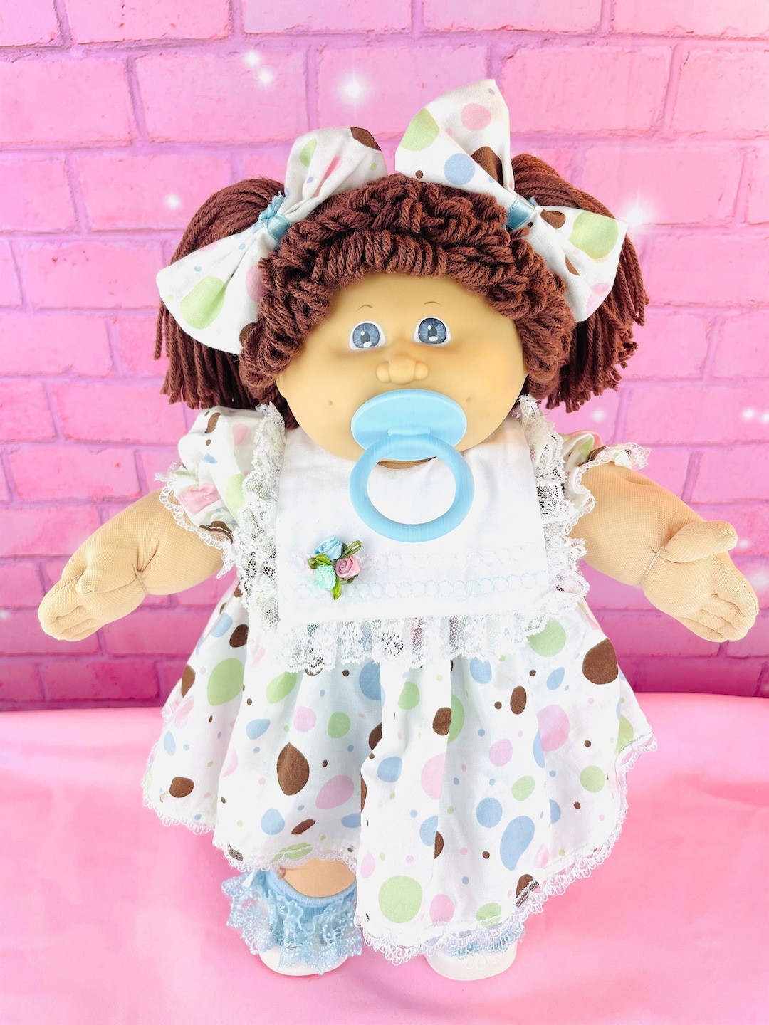 Vintage Cabbage Patch Kid Brown Hair Girl Pacifier Blue Eyes 1985 KT