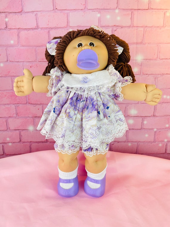 cabbage patch doll purple dress Vintage 1985 Cabbage Patch Kids Doll: Brown Hair, Lavender Dress, Pacifier  Girl