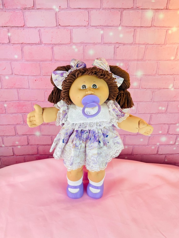 Vintage 1985 Cabbage Patch Kids Doll: Brown Hair, Lavender Dress