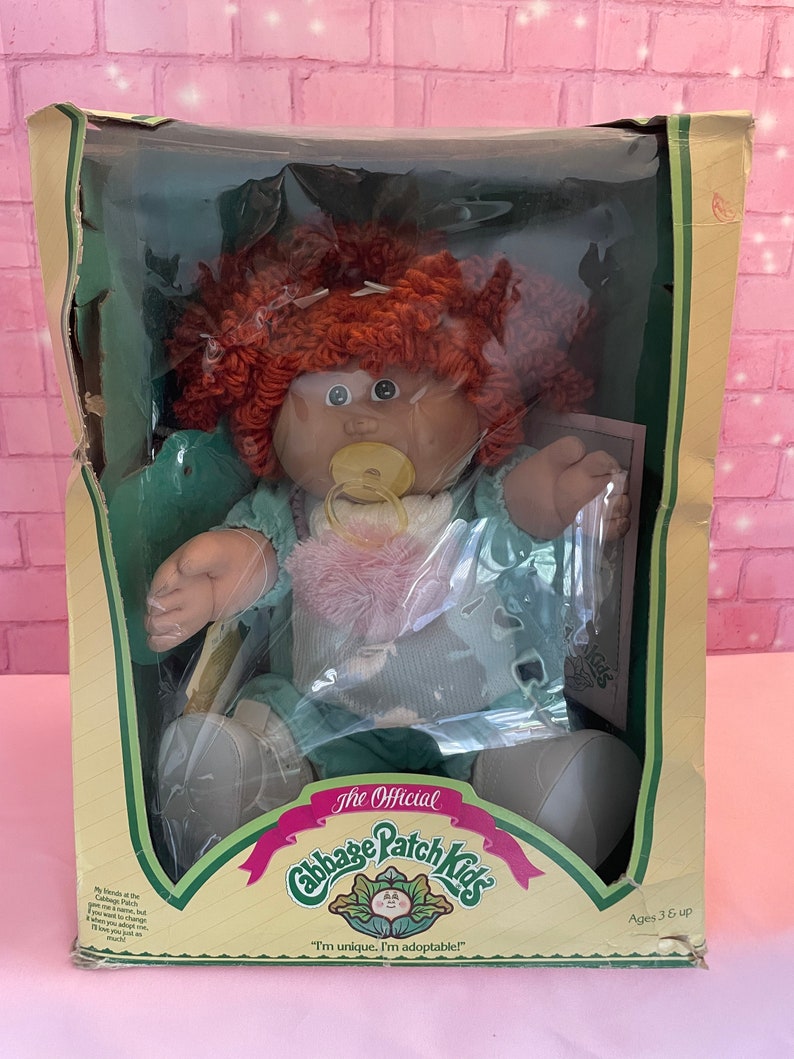 RARE Vintage cabbage patch kid Tara Mindy birth certificate popcorn, Irish redhead girl pacifier in box 1986 collector doll HTF image 9