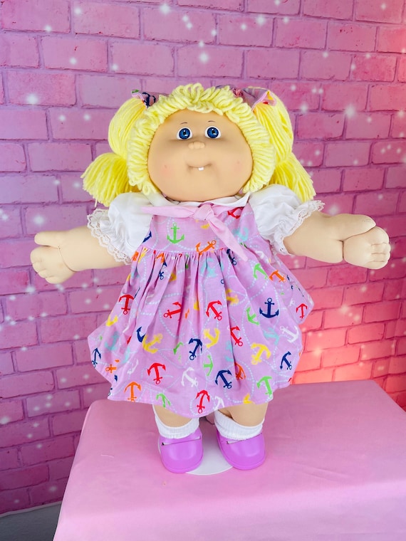 cabbage patch doll pink dress Original Cabbage Patch Baby Doll Pink Dress Yellow Yarn Hair Blue Eyes Dimples