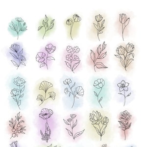 8.5X11” Page of 25 Watercolor Flowers,