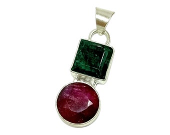 Red Ruby & Green Emerald Pendant, Silver Plated Pendant, Emerald And Ruby Gemstone Pendant, Handmade Pendant, Ruby Jewelry, Gift For Mum