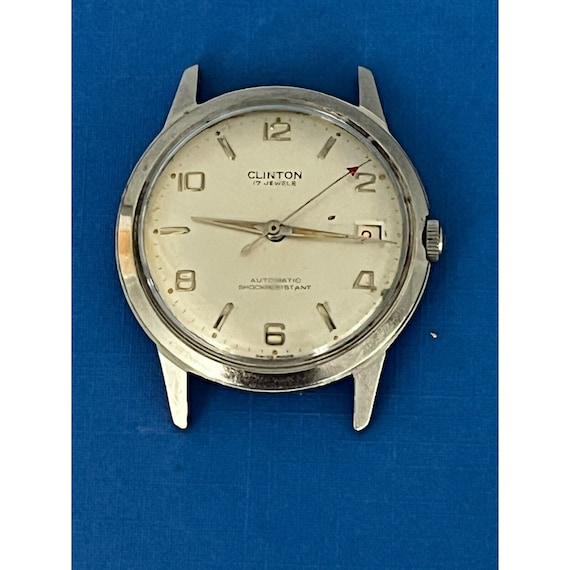 Vintage Clinton Mens Watch 30mm Silver Tone Leather Manual Wind CRACKED CRYSTAL Vintage Clinton Mens Watch 30mm Silver Tone Leather Manual  main image 3