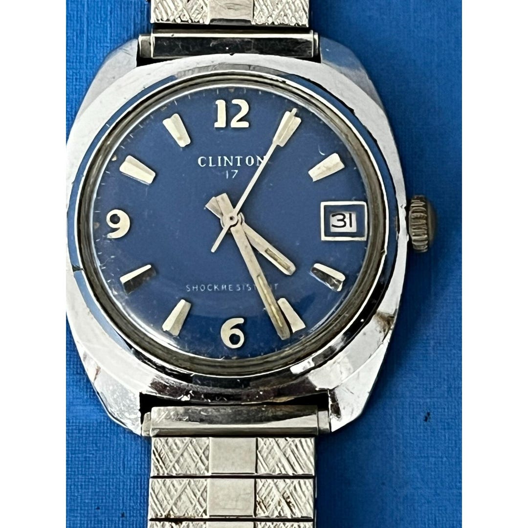 Vintage 1960s Men's CLINTON 17 Jewel Mechanical Watch Stainless Blue ...