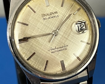 Vintage 1960s BULOVA Ambassador 30J Automatic Stainless Watch Linen Dial 35MM Silver Tone