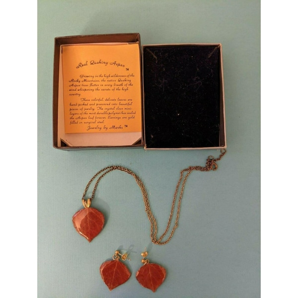 Vintage Real Quaking Aspen Leaf Dangle Earrings & Necklace Set W/ Box by Marks