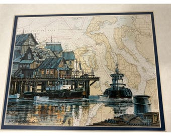 Betty King Vestuto Print Signed Tug Boats Framed #/ 1000 nautical art