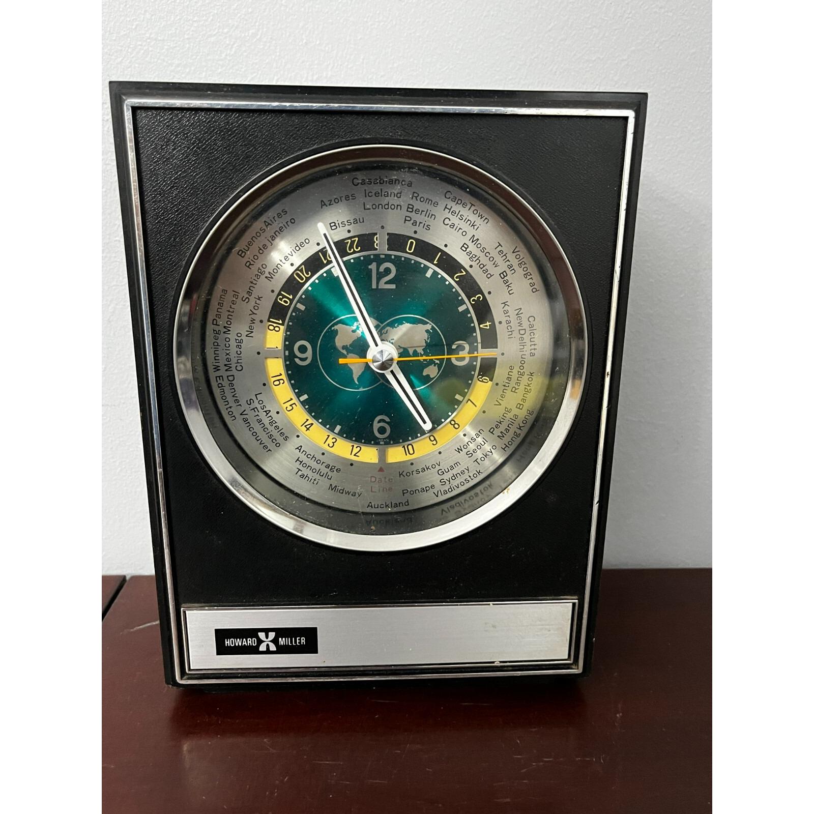 vintage Howard Miller World time clock時計 Vtg 1959 Howard Miller World Time Zone Lighted Oak Wall Clock 612