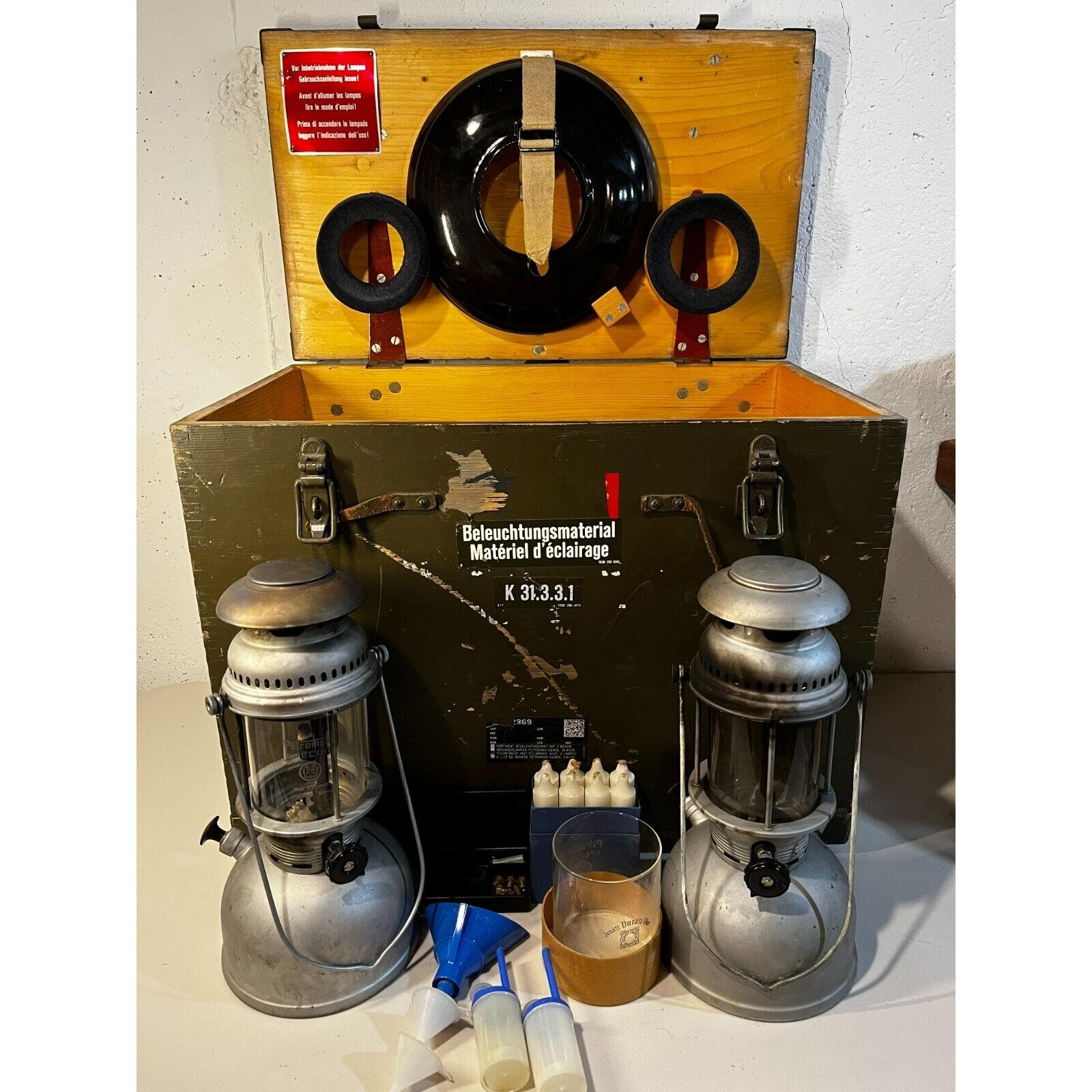 Vintage Swiss Armed Forces Genoil Petromax 2 Lantern Set W/ Wood