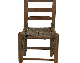 Antique Primitive Child's Rustic Ladder Back Chair Woven Seat Plant Stand Doll