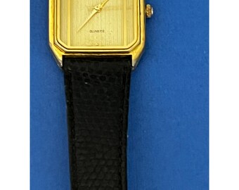 Vintage Jean Clouet Quartz Tank Watch Gold tone w black leather band Vintage Jean Clouet Quartz Tank Watch Gold tone w black  main image 4