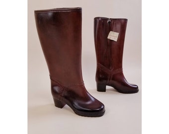 60s/70s Lane Bryant new deadstock brown gradient colored heeled rubber rain/snow boots with lining // vtg label size 6