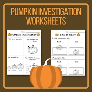 May include: Two printable worksheets for children to learn about pumpkins. The first worksheet asks children to count the lines on a pumpkin and to determine if the pumpkin is small, medium, or large. The second worksheet asks children to predict if a pumpkin will sink or float and then to record the results of the experiment.