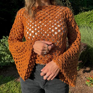 Peut inclure: Un haut en crochet marron avec de longues manches bouffantes. Le haut est réalisé avec un point lâche et ouvert.