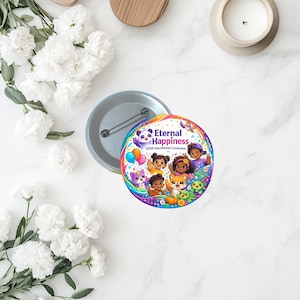 May include: A circular button with a vibrant illustration of cartoon characters and the text "Eternal Happiness 2026 International Convention." The button has a silver pin back. White flowers and a candle surround the button.