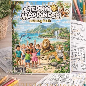 May include: A coloring book titled "Eternal Happiness" with a colorful cover illustration. The cover features children, a lion, a tiger, and a tropical landscape. Several coloring pages are visible, along with colored pencils.