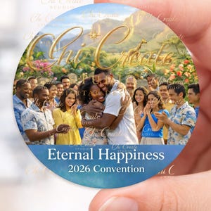 May include: A round sticker with a photograph of a group of people, including a couple embracing. The sticker has the text "Chi Create Studio" and "Eternal Happiness 2026 Convention."