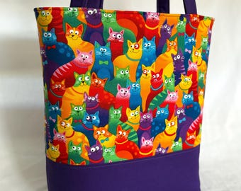 Purple Fabric Cat Bag , Tote Bag, Shoulder Bag, Cat Tote, Women's tote bag, Cat lover, Cat Lover Bag, Kitty Bag, Crazy Cat Lady, Handbag