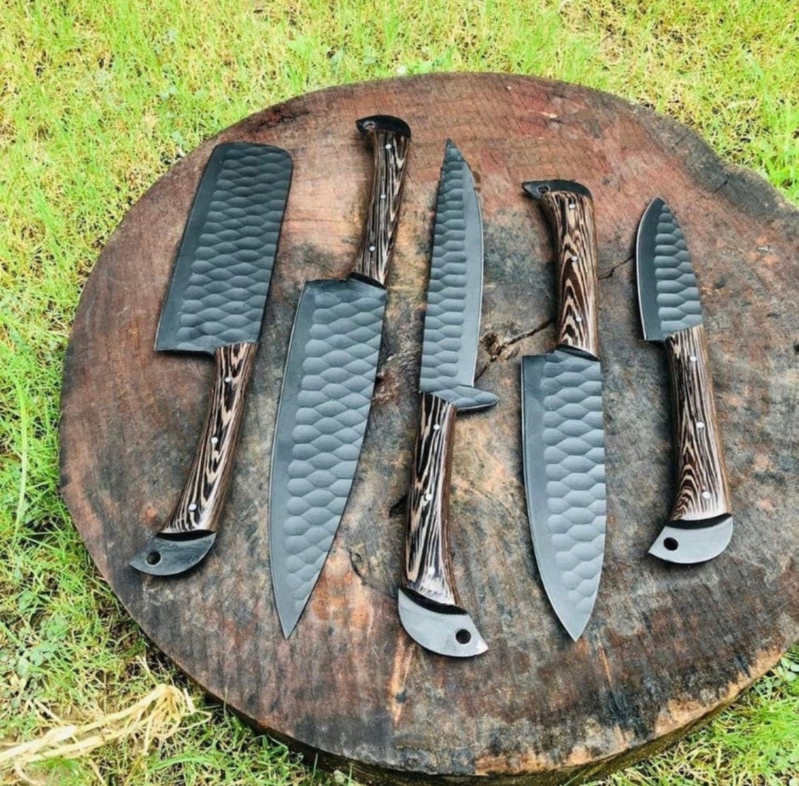 5 Pieces Handmade Carbon Kitchen Knife Chef's Knife Set Etsy