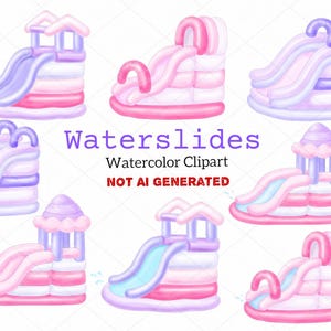 Pode incluir: Clipart em aquarela de escorregadores aquáticos em tons de rosa, roxo e azul. A imagem inclui vários designs diferentes de escorregadores aquáticos, com o texto "Waterslides Watercolor Clipart NOT AI GENERATED".