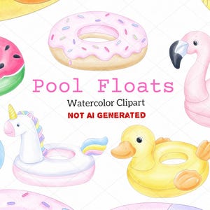 Può includere: Illustrazione di clipart ad acquerello di vari galleggianti per piscina, tra cui una ciambella rosa con zuccherini, un fenicottero rosa, un'anatra gialla e un unicorno. Il testo "Pool Floats" e "Watercolor Clipart" è visibile.
