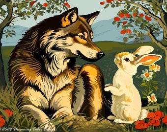 Giclée Fine Art Print "Wolf and Bunny" Wolf and Rabbit with Flowers and Trees