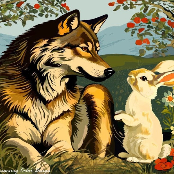 Giclée Fine Art Print "Wolf and Bunny" Wolf and Rabbit with Flowers and Trees