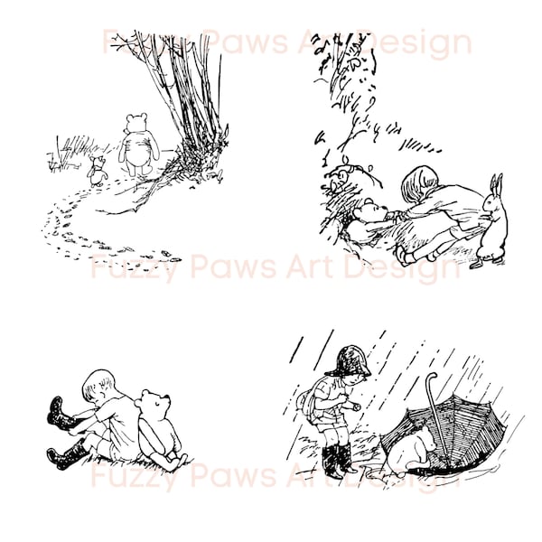 Set of 4 - Pooh and Christopher Robin/Piglet Artwork - Remastered Classics - Download & Print - Pdf, IOS-A3 Files - Print in Multiple Sizes
