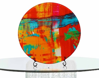 Sunset:  round tempered glass artwork, vivid, colorful, abstract, bold colors, home decorations, modern room decor, modern art, art