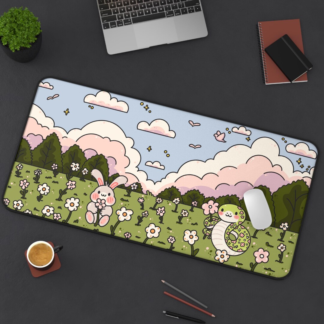 Bunny and Snake Desk Mat Kawaii 16x32 Large Spring Desk Mat Cute Gaming ...