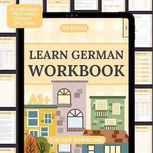 May include: A digital workbook titled "Learn German Workbook" displayed on a tablet. The cover features colorful illustrations of buildings and the text "A1+". Additional text includes "Hyperlinked + Printable Version Included" and "Instant Download".