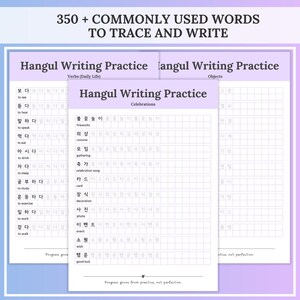 Three pastel Hangul writing practice pages are fanned out, each showing grids with Korean words and English meanings, under a heading that reads “350+ commonly used words to trace and write.” Great visual overview of the Korean study workbook vocabulary tracing sheets, hangul writing practice printable.