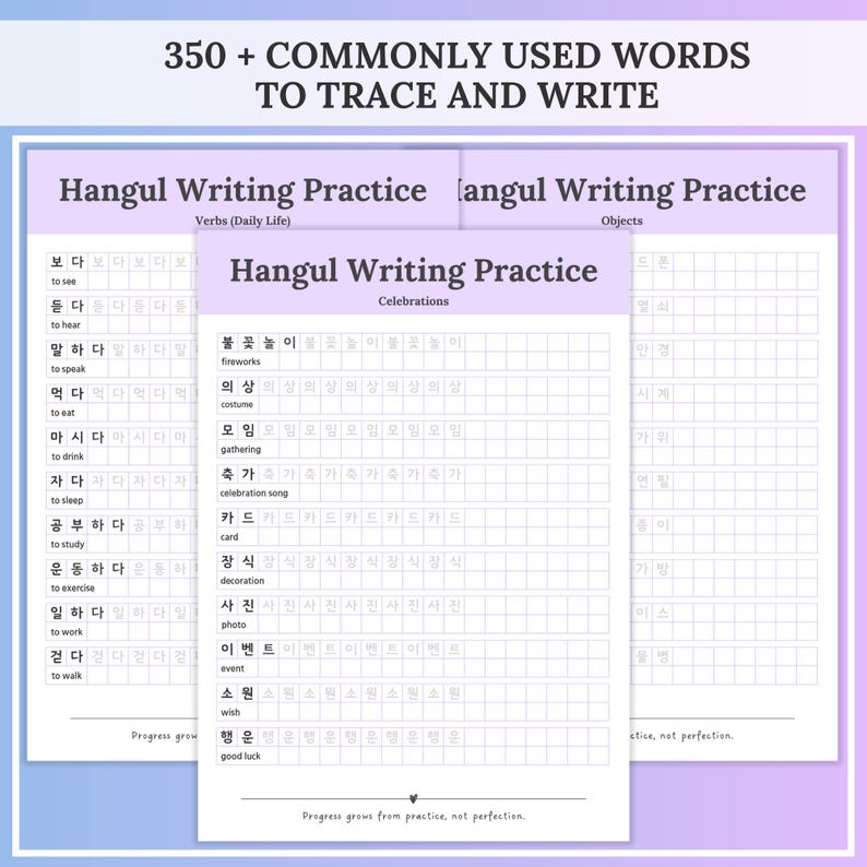 Three pastel Hangul writing practice pages are fanned out, each showing grids with Korean words and English meanings, under a heading that reads “350+ commonly used words to trace and write.” Great visual overview of the Korean study workbook vocabulary tracing sheets, hangul writing practice printable.