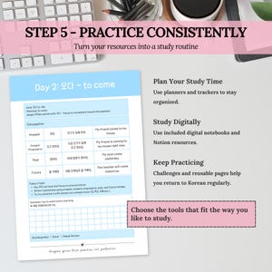 Korean verb challenge worksheet with study planning, digital notebooks and reusable resources for building a consistent Korean study routine.
