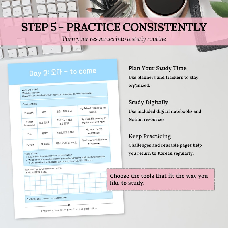 Korean verb challenge worksheet with study planning, digital notebooks and reusable resources for building a consistent Korean study routine.