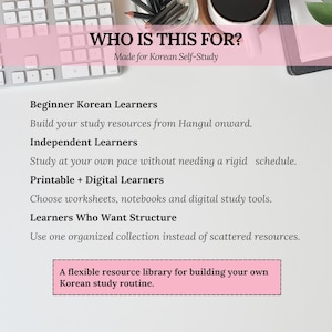 Korean self-study bundle information for beginner learners, independent students and people who prefer printable and digital learning resources.