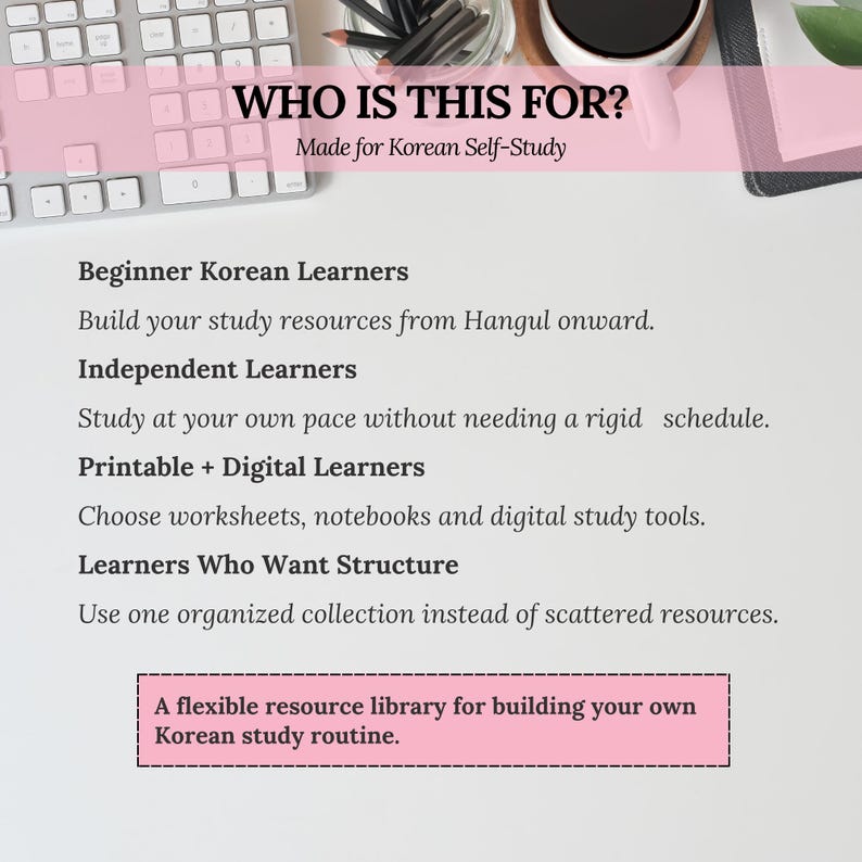 Korean self-study bundle information for beginner learners, independent students and people who prefer printable and digital learning resources.