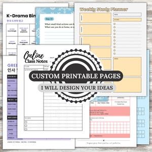 May include: A collection of custom printable pages, including a weekly study planner, class notes, and K-Drama Bingo sheets. The pages feature various layouts with text and graphics, designed for organization and study.